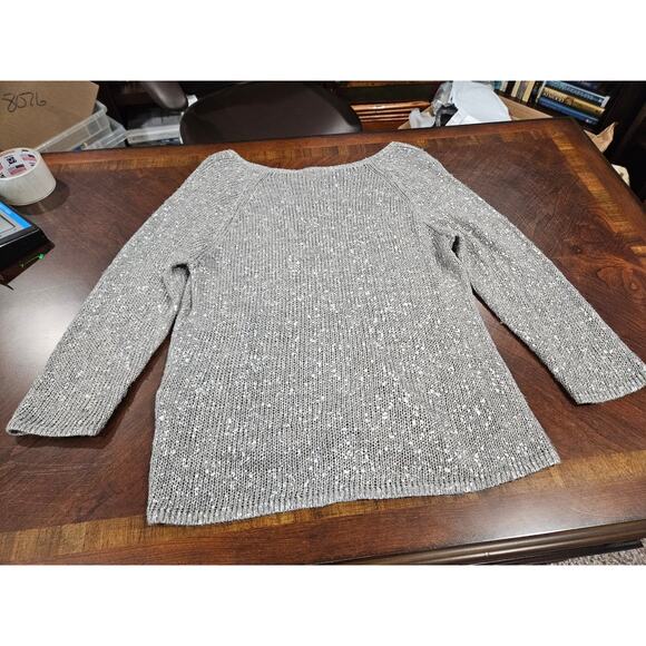 EILEEN FISHER Sweater M Linen Blend Open Knit 3/4 Sleeve Pullover Gray Silver - Picture 6 of 6